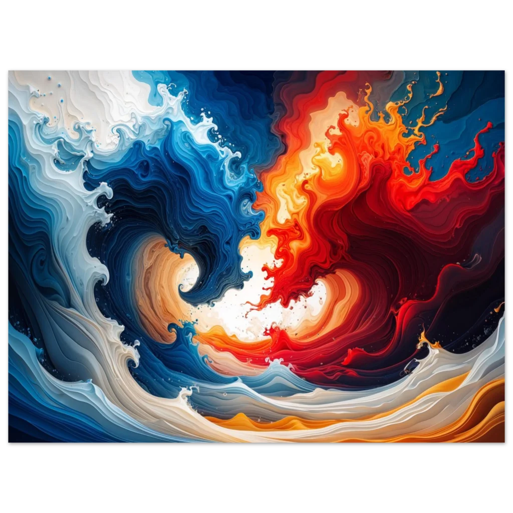 Fire and Ice Abstract Art Print: Blue White Red Orange Swirls