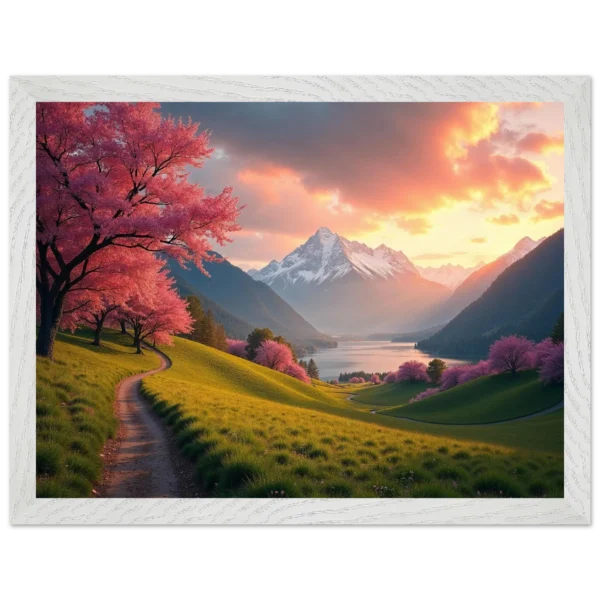 Vibrant Sunrise Meadow Wall Art: Majestic Mountains and Blooming