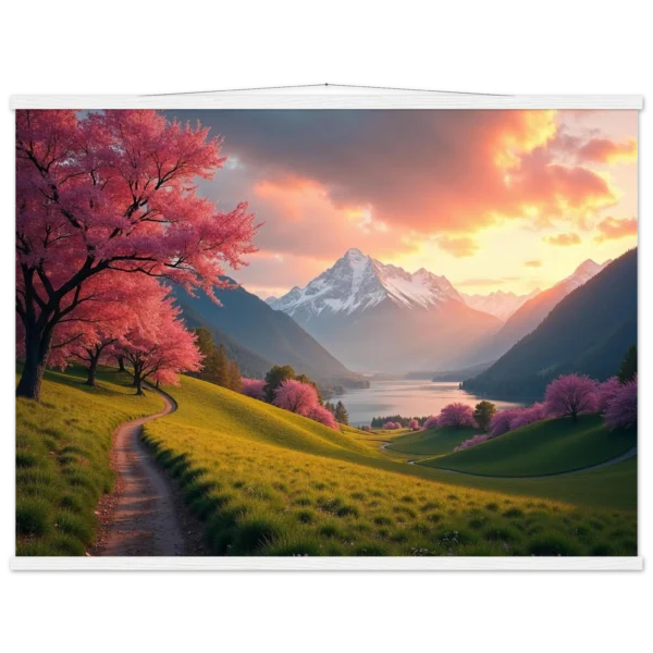 Vibrant Sunrise Meadow Wall Art: Majestic Mountains and Blooming