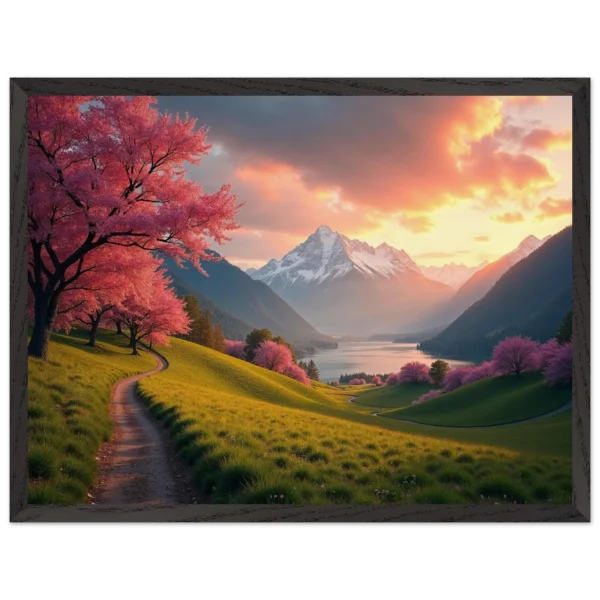Vibrant Sunrise Meadow Wall Art: Majestic Mountains and Blooming